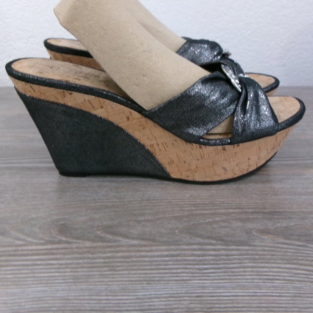 Near New GUESS Balasi Shimmery Black Silver Rhinestone Wedge Platform Shoes 9.5